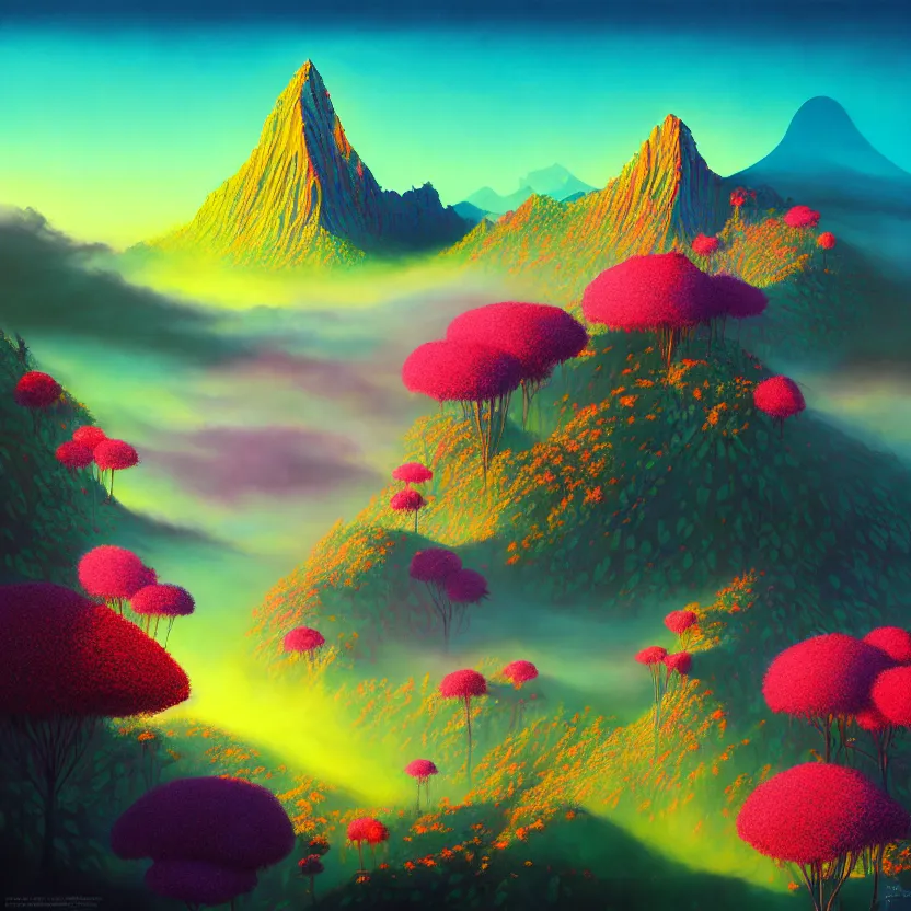 Prompt: fantasy world, kinabalu peak, summer morning, very coherent and colorful high contrast, art by!!!! gediminas pranckevicius!!!! geof darrow, pastel color, volumetric lighting, cinematic, floralpunk screen printing woodblock, dark shadows, hard lighting, stippling art