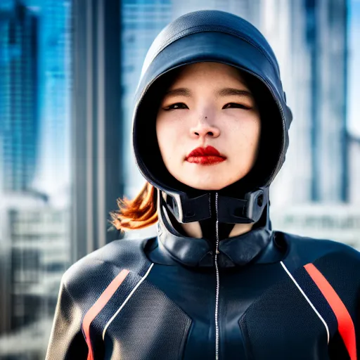 Prompt: photographic portrait of a techwear woman, closeup, on the rooftop of a futuristic city, sigma 85mm f/1.4, 4k, depth of field, high resolution, 4k, 8k, hd, full color
