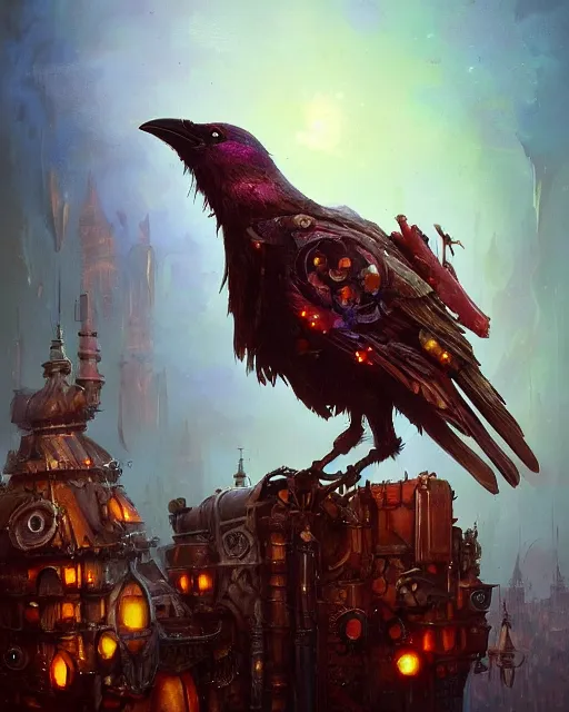 Prompt: a close - up stunning fantasy scene of an adorable steampunk crow | highly detailed | very intricate | disney | magic the gathering | steampunk | dramatic romantic epic breathtaking whimsical magical | professional cinematic lighting | award - winning | painted by marc simonetti and anton fadeev and paul lehr and rhads and alena aenami | pastel color palette | featured on artstation