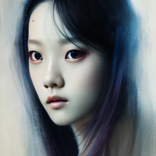 Image similar to jisoo of blackpink, snake, hyperrealistic portrait, bladerunner street, by karol bak and agnes cecile, album cover, fantasy art, photo realistic, dynamic lighting, artstation, poster, volumetric lighting, very detailed face, 8 k, award winning