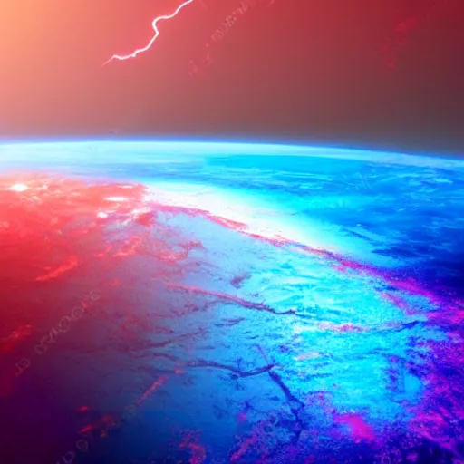 Image similar to a hospitable alien planet with red land and purple water viewed from space, 8 k, bright ambient lightning