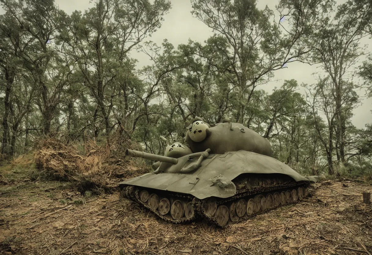 Prompt: my neighbor totoro looks like a simple tank, post apocalyptic style. fox holes. colorized, shot on film, wide angle, stormy sky, trees