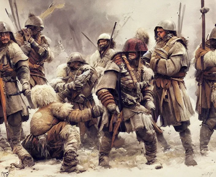 Image similar to a small garrison of barbarian men dressing for battle, art by denys tsiperko and bogdan rezunenko, hyperrealism