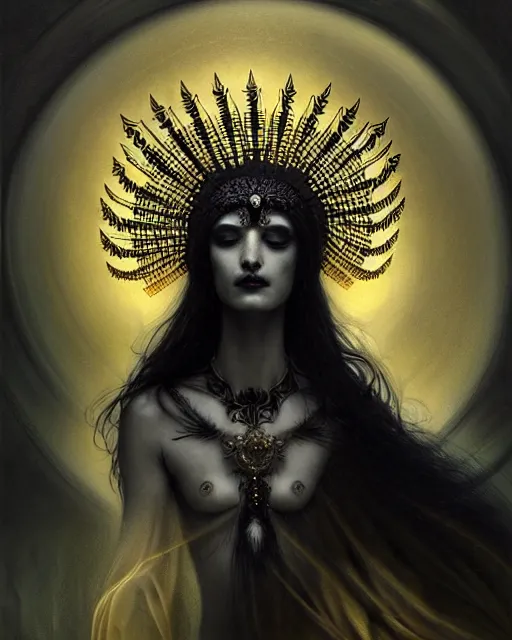 Image similar to goddess of crows, unusual beauty, emotionally evoking symbolic metaphors, head in focus, fantasy, ornamental, intricate, elegant, sensual, highly detailed digital painting, artstation, concept art, painterly, golden ratio, sharp focus, illustration, art by John Collier and Krenz Cushart and Artem Demura and and Greg Rutkowski and Alphonse Mucha and Albert Aublet