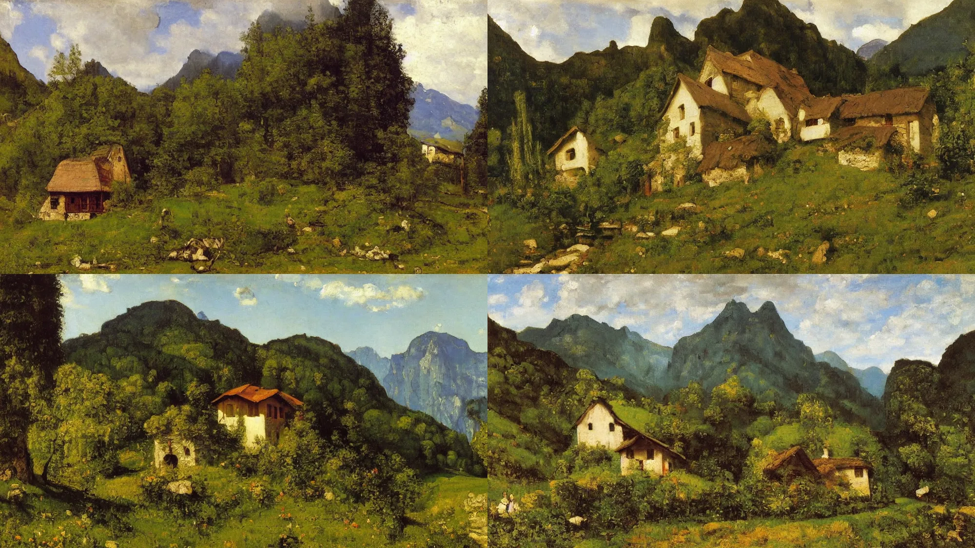 Prompt: High-Quality realist painting of a traditional wooden Swiss cottage in a valley by Gustave Courbet, colorful house, very detailed, oil on canvas.