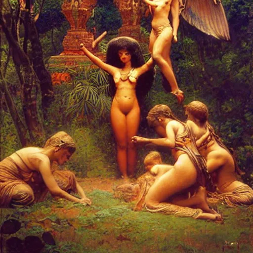 Image similar to sri lankan womans sacrifising thier children to giant crow, painting by gaston bussiere, craig mullins, j. c. leyendecker, lights, art by ernst haeckel, john william godward, hammershøi,,