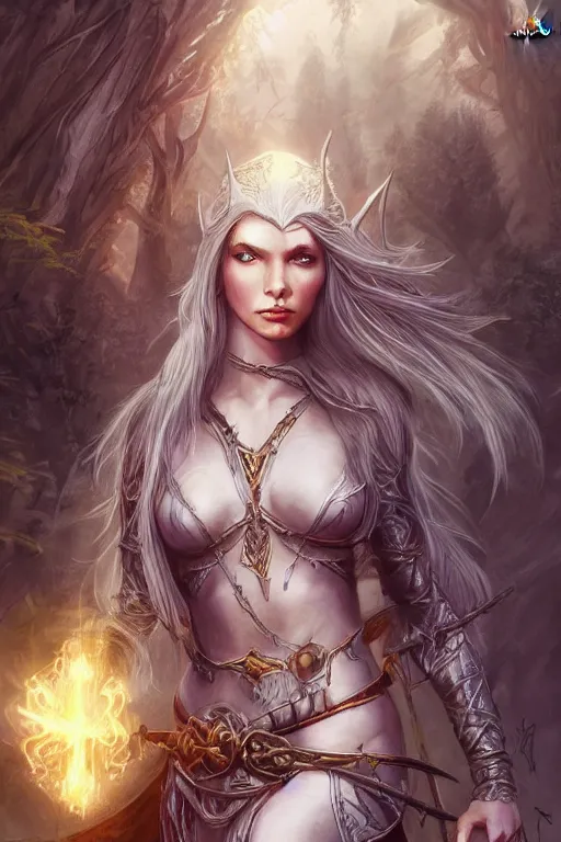 Image similar to Epic painting of a fierce female elven warrior blessed by the light of the forest, D&D, fantasy, intricate, elegant, highly detailed, digital painting, artstation, concept art, smooth, sharp focus, illustration, art by artgerm
