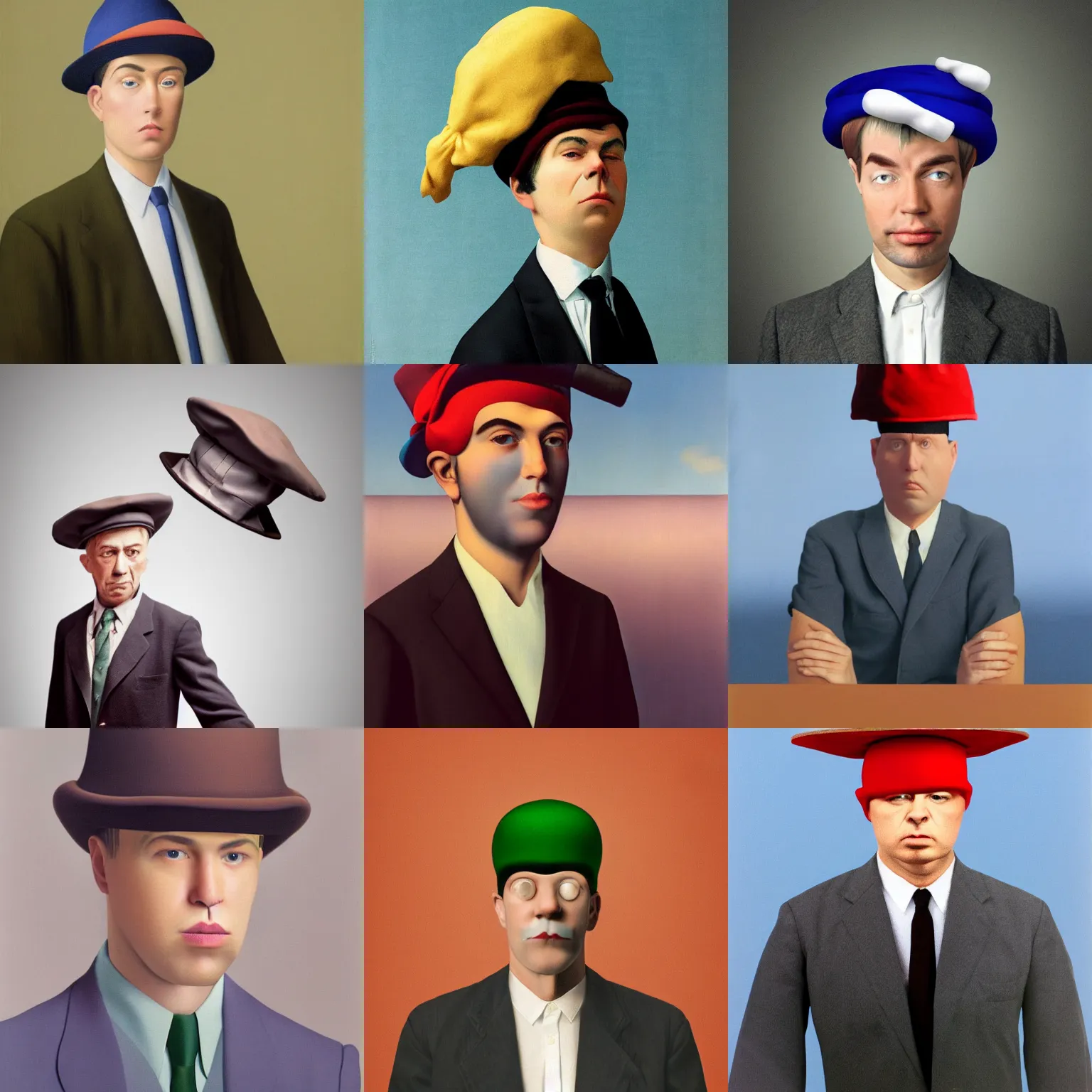 Prompt: portrait of a man wearing boxer - pants as a hat, realphoto render by rene magritte