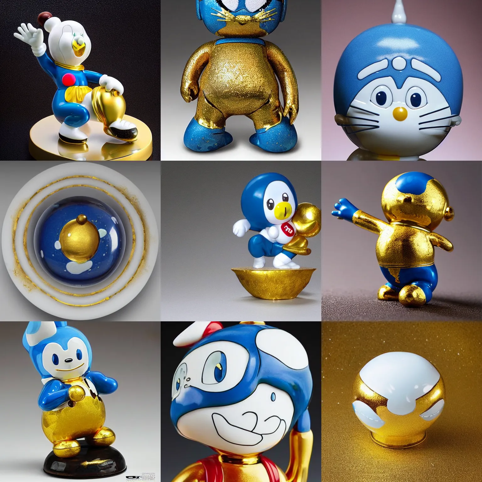 Prompt: hyper realistic 8k studio photo of a porcelain!!!!!!!!! Doraemon figure, with golden cracks!!!!!!!!!!!!!!!!, kintsugi!!!!!!!, decorative,