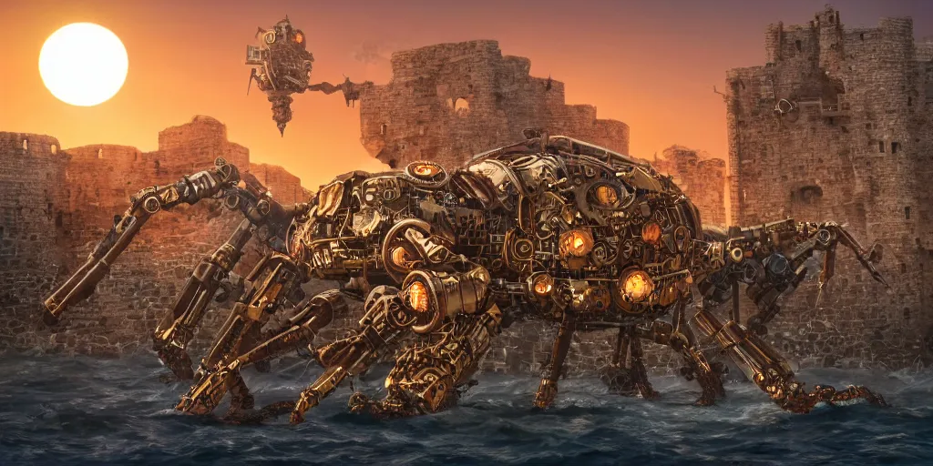 Image similar to steampunk mecha crabs invading a medieval brick castle at sunset, fantasy, coastal terrain, extremely detailed, 4 k, 8 k