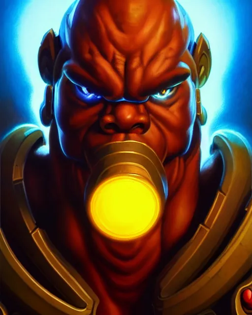 Image similar to doomfist from overwatch, elegant, confident, smug, ripped, buff, strong, colorful, fantasy, fantasy art, character portrait, portrait, close up, highly detailed, intricate detail, amazing detail, sharp focus, vintage fantasy art, vintage sci - fi art, radiant light, caustics, by boris vallejo