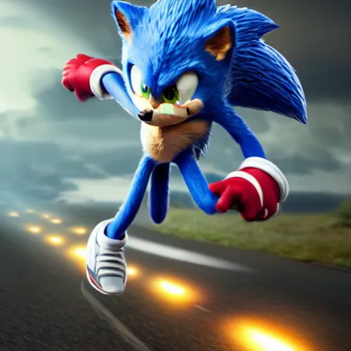 Image similar to hyperrealistic sonic the hedgehog running, stunning 3 d render inspired by istvan sandorfi & greg rutkowski & mike judge, perfect symmetry, dim volumetric cinematic lighting, 8 k octane comprehensive render, extremely mega hyper - detailed and lifelike attributes & atmosphere, intricate, realistic flesh texture, masterpiece, artstation, stunning,