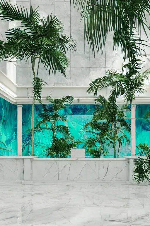 Image similar to detailed interior of a vaporwave pool, white marble walls, palm vegetation, light shafts, stunning atmosphere, cinematic lighting, smooth, sharp focus, high detail, cinematic feel