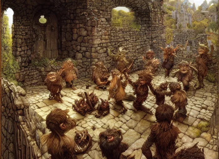 Image similar to jim henson's labyrinth. stone walls. a wrecking crew of five goblins. by edgar maxence and caravaggio and michael whelan and delacroix style, artistic, intricate painting, cinematic lighting, hyper realistic, extremely detailed, vivid colors, establishing shot, dramatic lighting