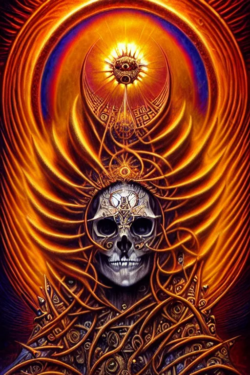 Image similar to A beautiful detailed orixa sun godness, tarot card, by tomasz alen kopera and Justin Gerard, symmetrical features, ominous, magical realism, texture, intricate, ornate, royally decorated, skull, skeleton, whirling smoke, embers, red adornements, red torn fabric, radiant colors, fantasy, trending on artstation, volumetric lighting, micro details, 3d sculpture, ray tracing, 8k, anaglyph effect