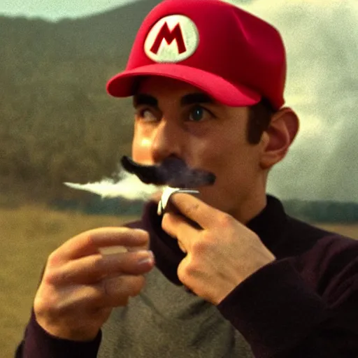 Prompt: Mario smoking a joint in an A24 film aesthetic