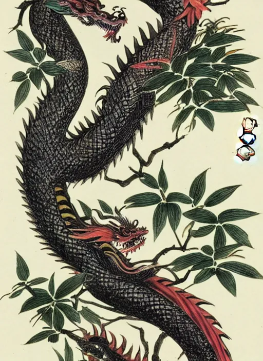 Image similar to vintage chinese dragon in a tropical forest, john james audubon, intaglio