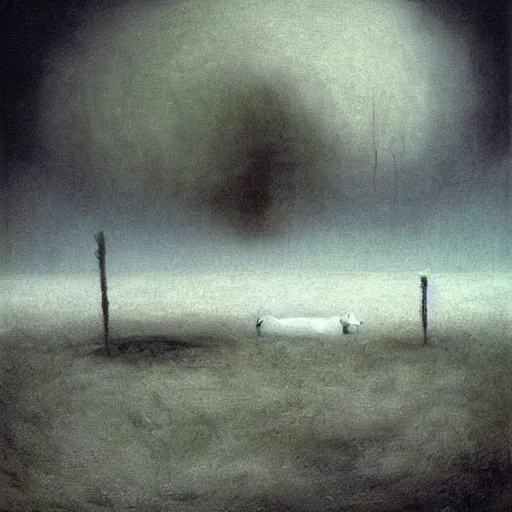 Prompt: a lonely man curled up with black smoke coming out of him, on a white snowy post apocalyptic field, painting by beksinski