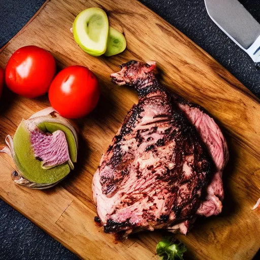 Image similar to photo of a chicken eating a steak, 50mm, beautiful photo
