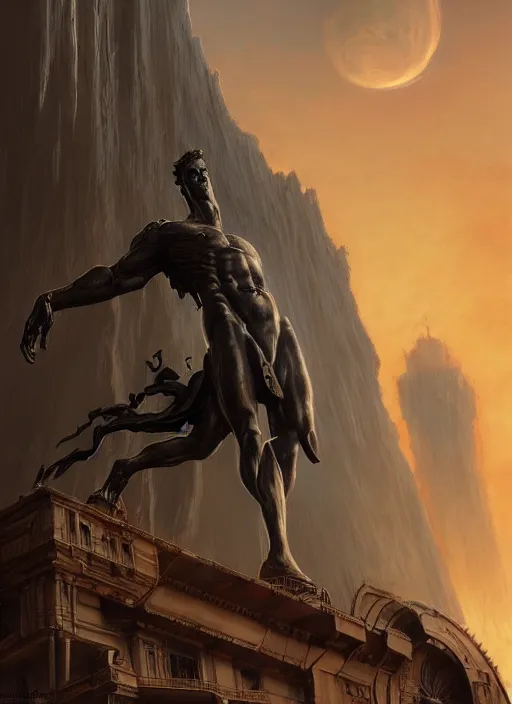 Prompt: the colossus of rhodes, epic science fiction horror digital matte painting by steve henderson and mark brooks ( and greg rutkowski ), extremely detailed, artstation