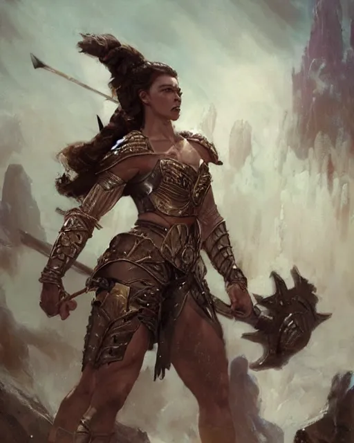 Image similar to a fierce and muscular warrior princess in full armor, fantasy character portrait by greg rutkowski, gaston bussiere, craig mullins