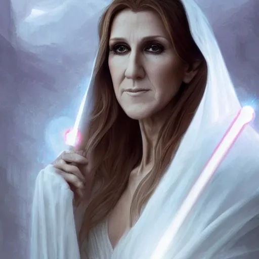 Image similar to perfectly - centered - portrait of celine dion wearing white cloak holding light saber, intricate, highly detailed, digital painting, artstation, concept art, smooth, sharp focus, illustration, unreal engine 5, 8 k, art by artgerm and greg rutkowski and alphonse mucha