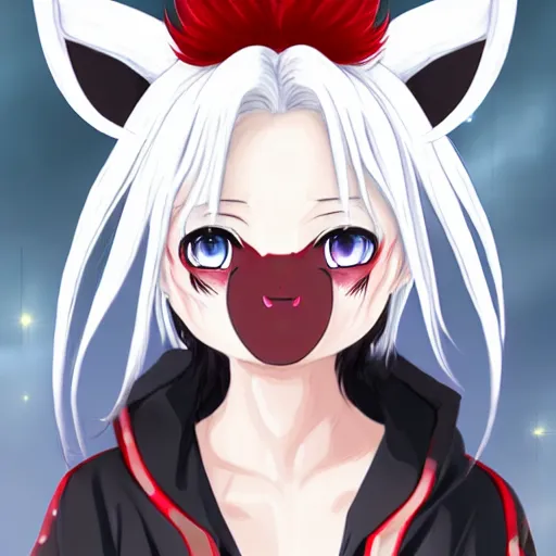 Image similar to white hair, red eyes, two small horn on the head, anime style, anime girl