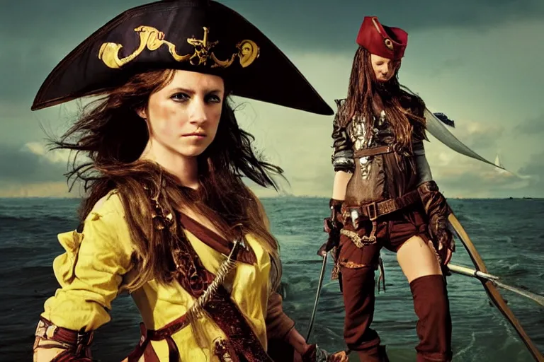 Image similar to a swashbuckling girl pirate portrait in national geographic, her clothing is sheer and futuristic