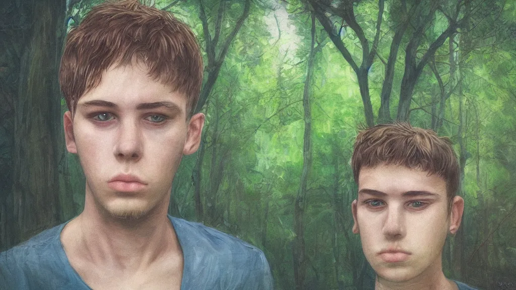 Image similar to forestpunk illusive portrait of a sad young dude 2 3 years old