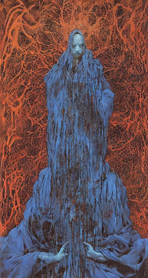 Image similar to worshippers in robes belonging to the cult of the dark forest standing in the darkness, high detailed beksinski painting, part by adrian ghenie and gerhard richter. art by takato yamamoto. masterpiece, deep colours, blue