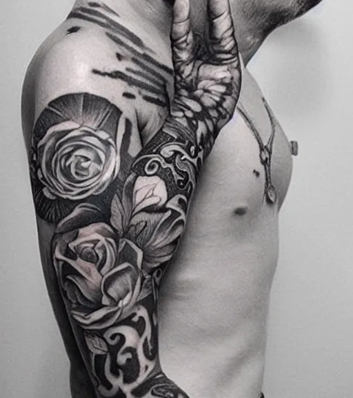 Image similar to a beautiful tattoo design, in the style of den yakovlev, hyper realistic, black and white, realism, highly detailed