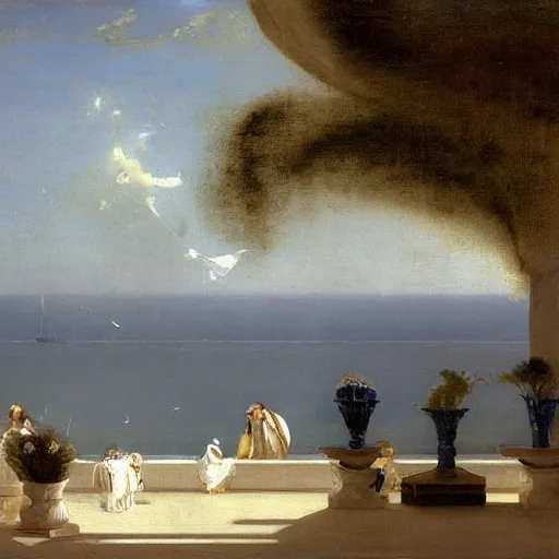 Prompt: a seaside hanging garden of white marble draped in flowing cobalt blue velvet, by ivan aivazovsky and pieter claesz and paul delaroche and alma tadema and august malmstrom and and willen claesz heda and aelbert cuyp and gerard ter borch, contrapposto, hyperrealistic, volumetric light, rendered in octane, c4d