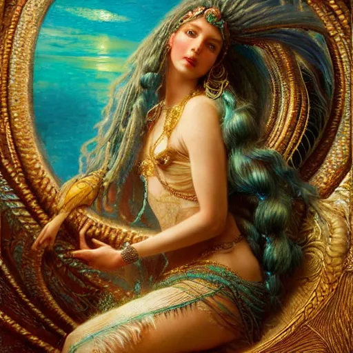 Image similar to octane render, artstation, 8 k, intricate detail, hyper detail, portrait by gaston bussiere, greg rutkowski, sandro botticelli, tan lady of elche, egyptian sumerian features, techno mystic goddess princess intergalactica inanna with aqua neon rapunzel dreadlocks,