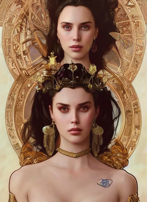 Image similar to lana rhoades as queen, incredibly detailed face, true anatomy, art by artgerm and greg rutkowski and alphonse mucha