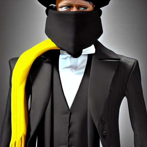 Image similar to a highly detailed portrait of a man in a high top hat covering his face, in a black tailcoat with a yellow waistcoat under the tailcoat, artstation, deviantart, professional, unreal engine 5, photorealistic