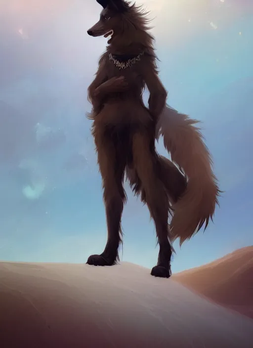 Image similar to beautiful wide angle full body portrait of a cute male anthropomorphic anthro border collie fursona in a desert, character design by charlie bowater, henry asencio, and ross tran, scenic background, detailed, glamor pose, aesthetic, furry, trending on artstation, furaffinity, deviantart