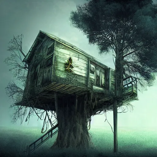 Image similar to tree house, post - apocalyptic, dark fantasy, liminal space, dark paradise, digital art