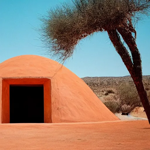 Image similar to a man wearing a green hoodie sitting outside a Non-Euclidean orb-like clay house sitting in the desert, vintage photo, beautiful cinematography, blue sky, film grain, wide angle, far away, James Turrell