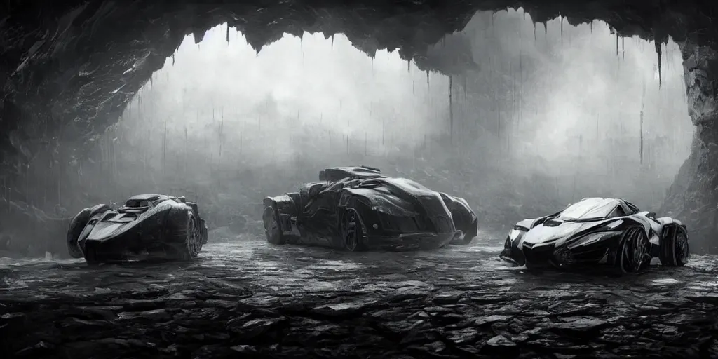 Image similar to the batmobile standing in a very dark and wet cave. highly detailed. intricate. mist. atmospheric. unreal engine render. rim light. photorealistic. 8 k. monochrome. cinematic. matte painting in the style of sparth and ash thorp. trending on artstation.