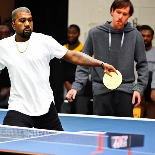 Prompt: kanye west playing table tennis against a clone of himself