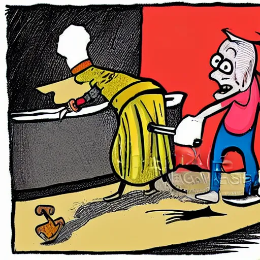 Image similar to rat slamming a hammer on a granny, detailed cartoon illustration