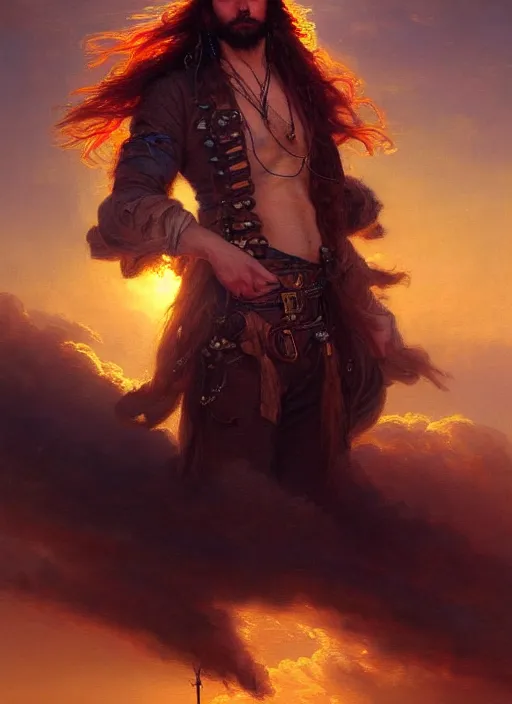 Image similar to portrait painting of a handsome rugged long hair crimson hair male pirate, soft hair steampunk ornate zeppelin in the sky sunset golden hour art by greg rutkowski gaston bussiere fantasy soft hair trending on artstation deviantart book cover art concept art key art dramatic volumetric lighting, 4 k, award winning