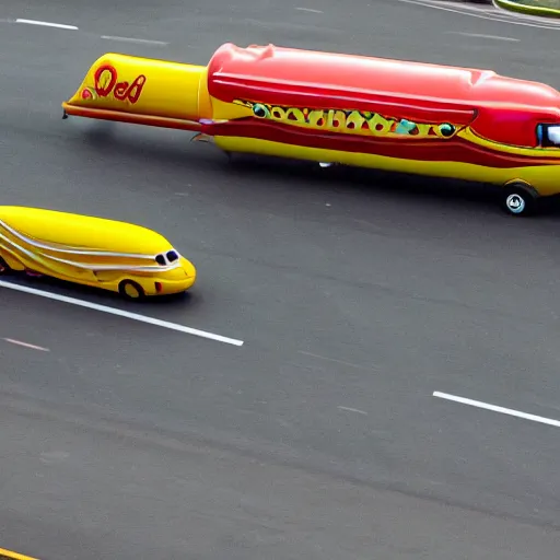 Image similar to a helicopter shot of the Oscar Meyer wienermobile in a high-speed police chase