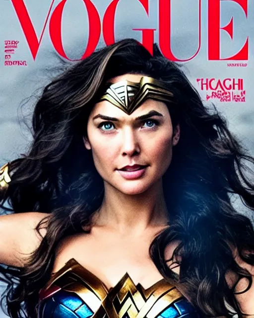 Prompt: Wonder Woman with the face of Chris Hemsworth, Vogue cover photo