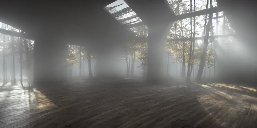 Image similar to wide angle photograph atmospheric light bloom autumn fog outside sunlight shining through windows reflections award winning contemporary interior