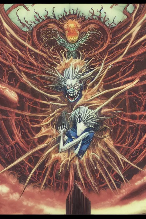 Image similar to Anime Character ryuk in the center giygas epcotinside a space station eye of providence Beksinski Finnian vivid HR Giger to eye hellscape mind character Environmental