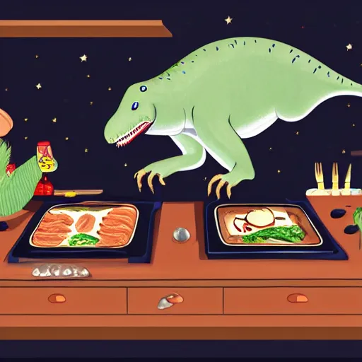 Image similar to a trex cooking dinner, illustration