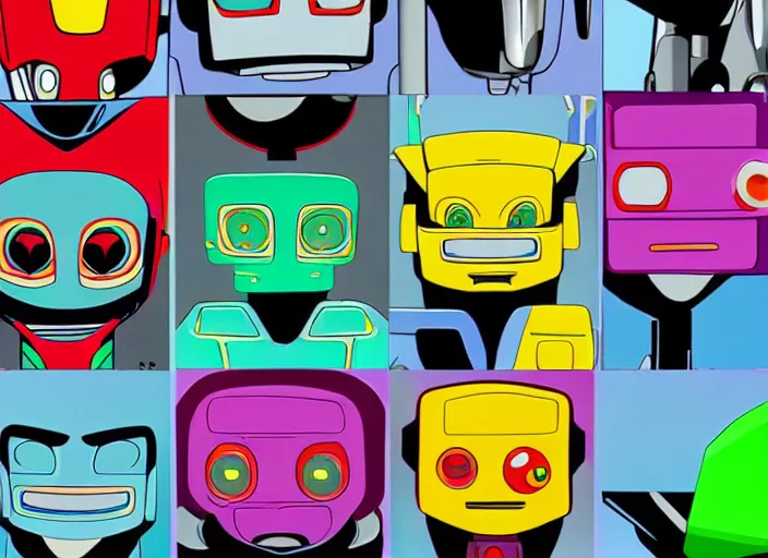 Image similar to 3 rows of 3 framed closeup colorful 3 d - rendered cg face portraits of cute evil robots in the style of osamu tezuka, with a futuristic mechanical background.