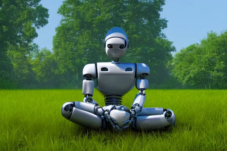 Prompt: zoomed-out 3d render of cel-shaded robot sitting cross-legged with its head pointing down, on a small hill, in a fantasy forest with blooming trees and surrounded my wildlife, river flowing beside the robot, 4k, highly detailed, Unreal Engine, octane render