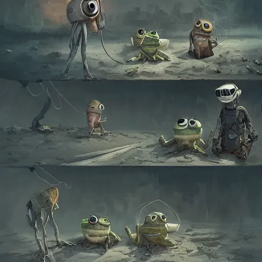 Image similar to Anthropomorphic frog who wears goggles and apocalyptic tech,greg rutkowski,and Sarah Andersen,ambient style, very detailed,detailed,detailed